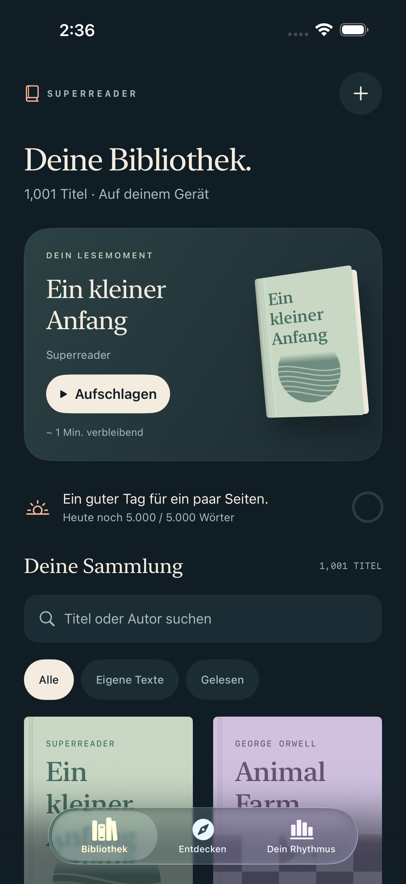 Die Superreader-App zeigt die lokale Bibliothek mit dem Text Ein kleiner Anfang und dem Button Aufschlagen.